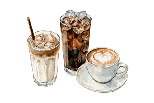 Coffee drinks watercolor illustration clipart set for cafe menu branding.