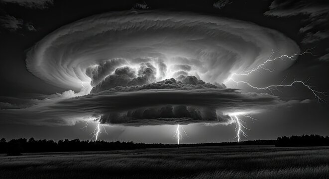 Massive rotating supercell storm cloud over dark flat horizon.