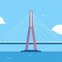 Obraz premium A pink suspension bridge over water on a blue background