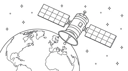 A satellite orbits the planet in the vastness of space with stars © dadu