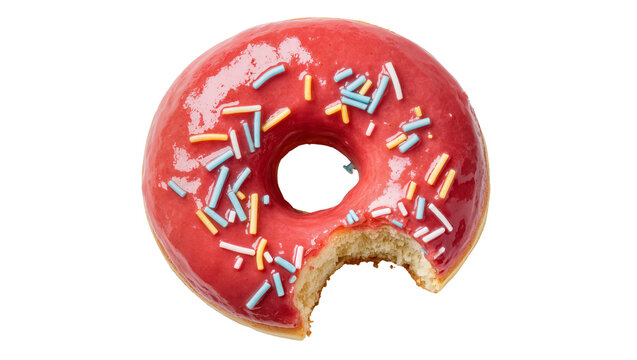 Bitten pink frosted donut with colorful sprinkles