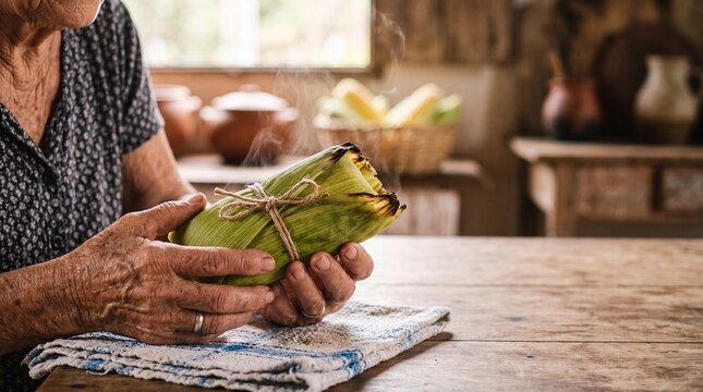 Senior woman's hands holding a steaming hot tamale wrapped in green corn husks on a rustic wooden table