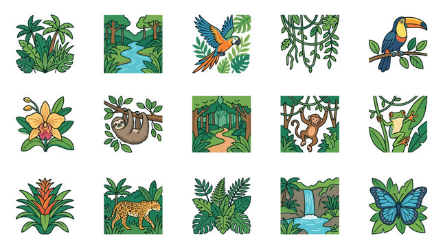 Tropical jungle plants and animals icons.