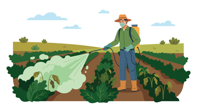A person in protective gear sprays crops in a field with a backpack sprayer
