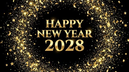 Fototapeta premium Happy New Year 2028 with a sparkling golden confetti border on a black background.