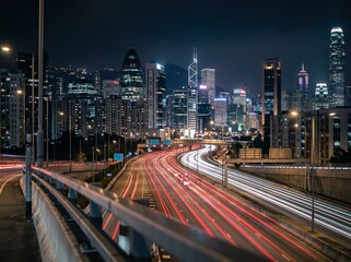 Fototapeta premium busy urban highway nighttime traffic light streaks modern buildings cityscape architecture 