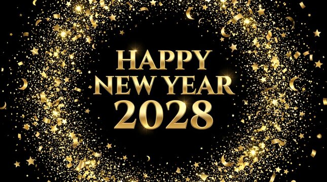 Happy New Year 2028 with a sparkling golden confetti border on a black background.