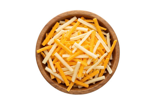 Top view of wooden bowl with shredded cheddar and monterey jack cheese