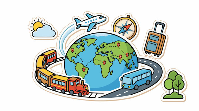 Colorful illustration of globe with transportation modes and travel symbols