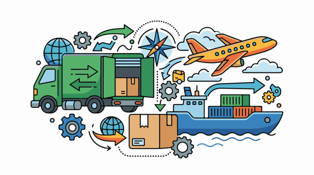Colorful illustration of global shipping and logistics with truck, airplane, ship, and cargo
