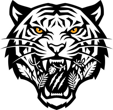 Fierce tiger roar vector head with glowing orange eyes and leaves