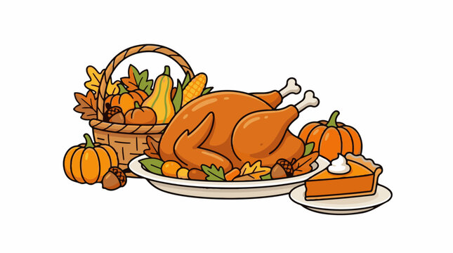 Colorful Thanksgiving feast with roasted turkey and autumnal decorations