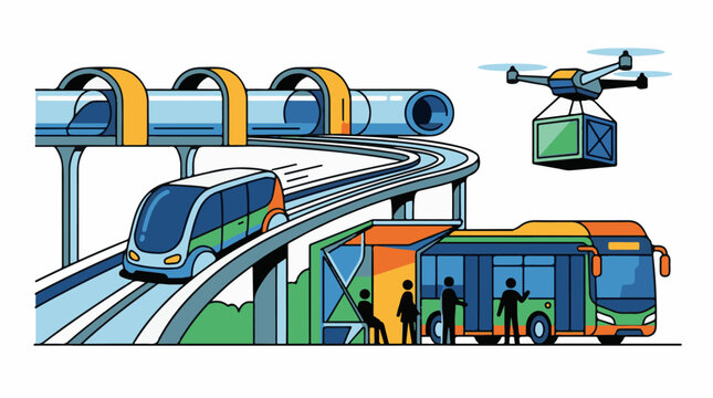 A futuristic transportation hub with a monorail, bus, and drone delivering a package