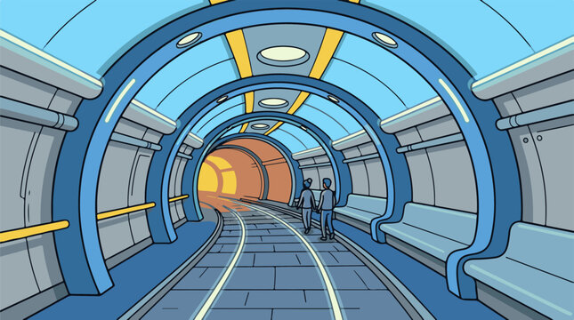 A futuristic underground tunnel with a train track and two people walking towards a bright orange exit