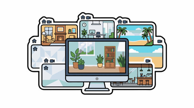 A computer monitor displays a room with plants and a bookshelf, surrounded by multiple screens showcasing various rooms and a beach scene