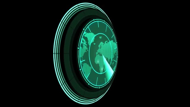 Futuristic Radar Screen Scanning World Map on Black Background, Digital HUD Interface Target Detection Animation, Cyber Security and Military Sonar Technology Concept
