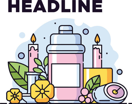 Spa wellness illustration, candles, bottle, jar, flowers, leaves, headline text, blue abstract background, aromatherapy design, flat vector illustration