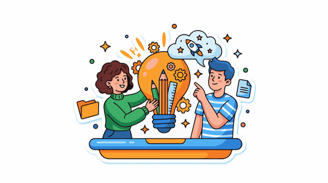 A cartoon illustration of two people standing around a large lightbulb