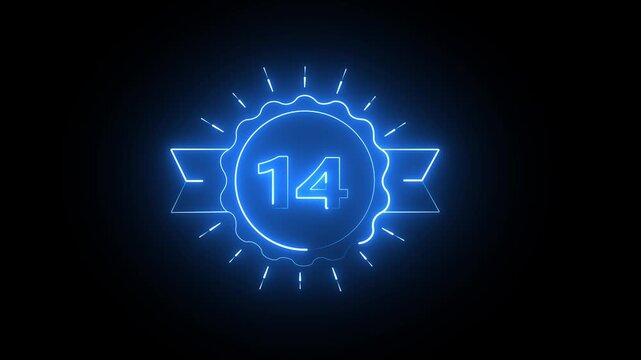 Number 14 glowing blue neon light sign in a circular badge frame with decorative rays and ribbon