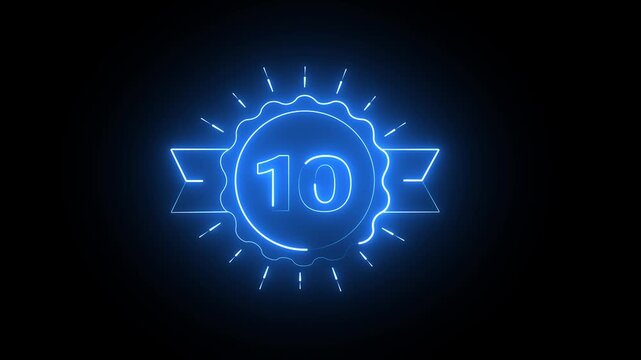 Glowing blue neon sign with the number ten inside a circular badge with a ribbon on black background
