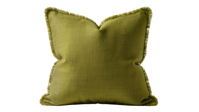 Plush olive green textured throw pillow with frayed edges, isolated on transparent background