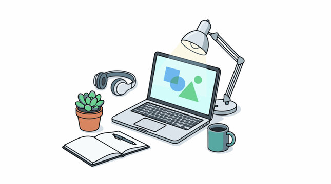A laptop with a graph on its screen sits on a desk with a notebook, pen, plant, headphones, and coffee mug