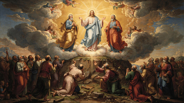 Transfiguration painting featuring celestial light, holy figures, radiant clouds, kneeling apostles, and divine religious scene. Suitable for worshiprelated designs.