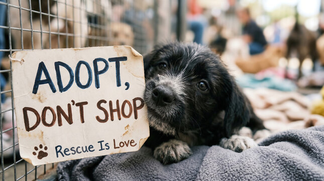Rescue puppy beside adopt don't shop sign at animal shelter event. Pet adoption concept representing animal welfare, compassion and responsible ownership.
