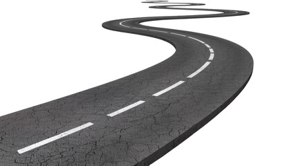 Winding asphalt road with white dashed lines, isolated on transparent background © Aliona