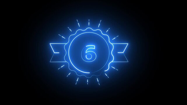 Number six inside a glowing blue neon circle emblem with ribbon on a dark background