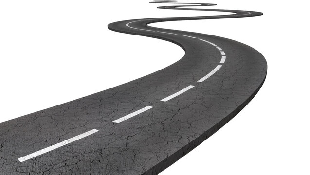 Winding asphalt road with white dashed lines, isolated on transparent background