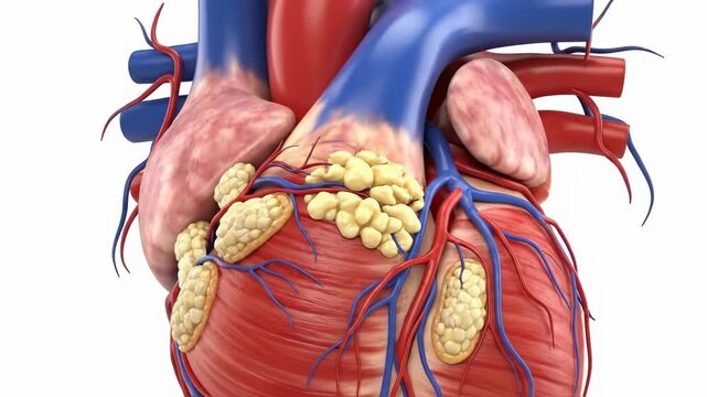Human heart anatomy with visible coronary arteries, depicting cardiovascular system health, disease prevention, and medical treatment concepts.
