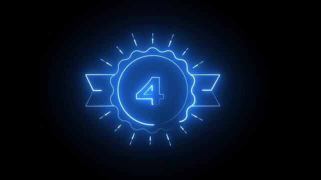 Glowing blue neon number four inside a circular badge with ribbon on a dark black background