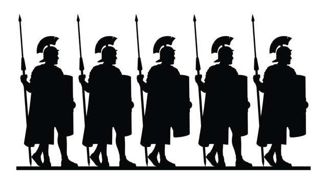 Black silhouette of five ancient roman soldiers marching in line