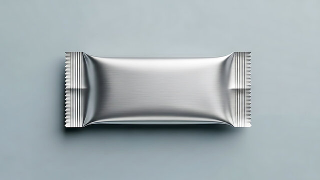 Silver foil snack bar wrapper with crimped edges on a blue background