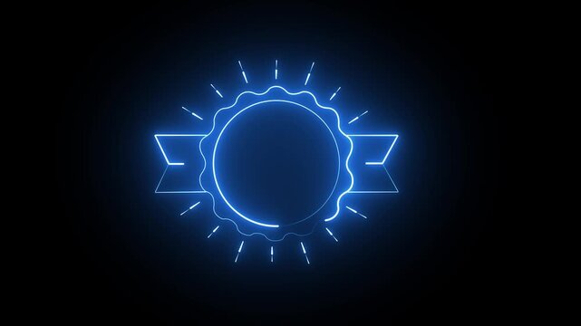 Glowing blue neon badge frame with ribbon and rays on a dark background