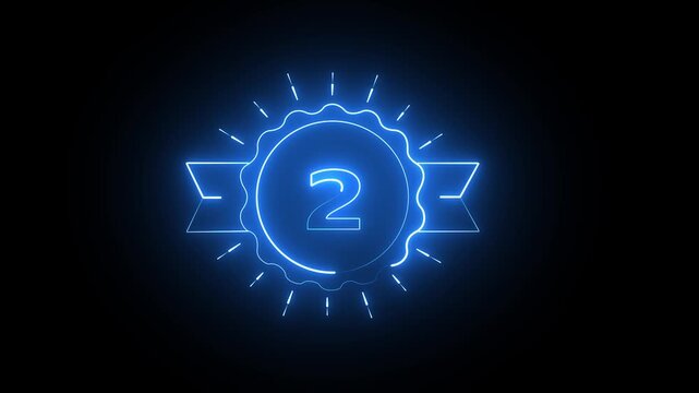 Glowing blue neon badge with number two and ribbon on dark background