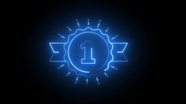 Glowing blue neon number one badge with ribbon on a dark black background