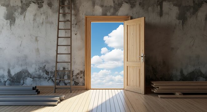 Open Doorway to Bright Cloudy Sky.