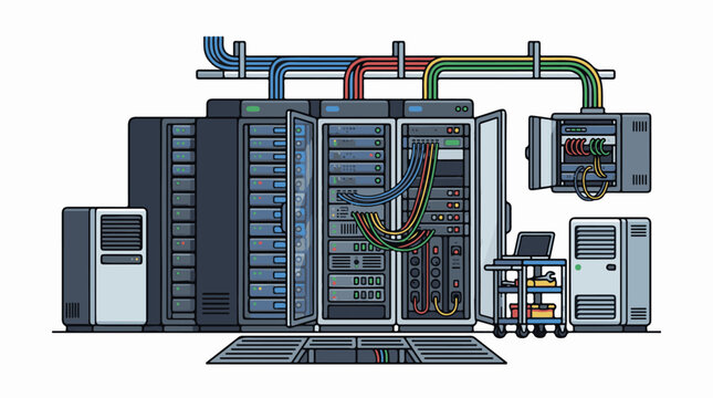 A detailed illustration of a computer server room with various equipment and colorful wires