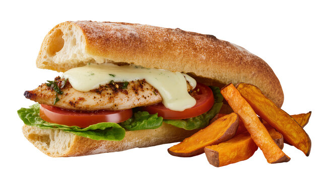 Grilled chicken sandwich with tomato lettuce and creamy sauce, served with sweet potato fries