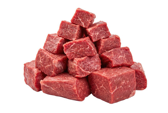 Pyramid of fresh raw beef cubes isolated