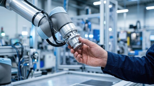 Human hand touching a collaborative robotic arm in a modern smart factory environment, symbolizing Industry 4.0 and advanced manufacturing technology