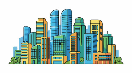 Fototapeta premium A colorful cartoon illustration of a city skyline with various buildings and trees (1)