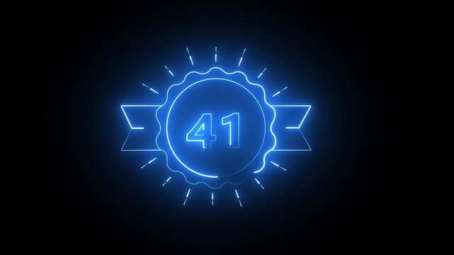 Glowing blue neon sign with the number forty one inside a circular badge with ribbon