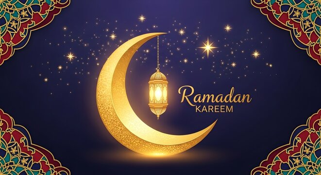 Golden crescent moon with hanging ornate lantern on dark blue starry background for Ramadan Kareem greeting card with decorative Islamic patterns and sparkling lights.