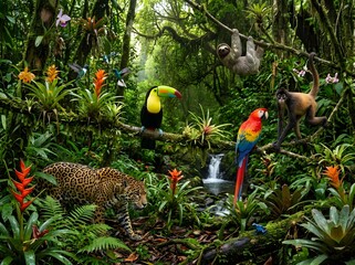 Obraz premium Vibrant tropical rainforest scene with exotic animals and lush greenery in a dense jungle environment with a small waterfall