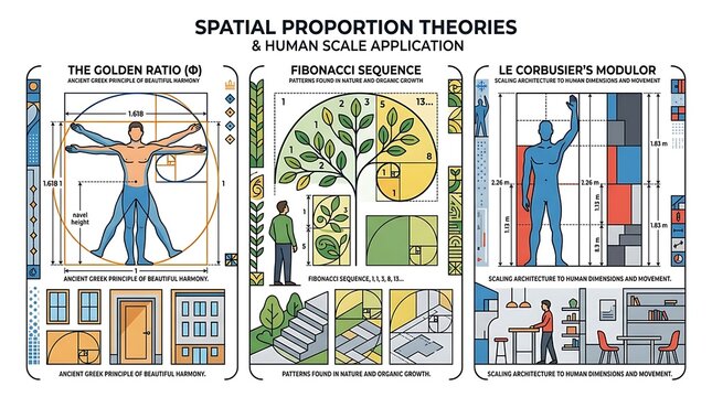 Spatial proportion theories and human scale application infographic