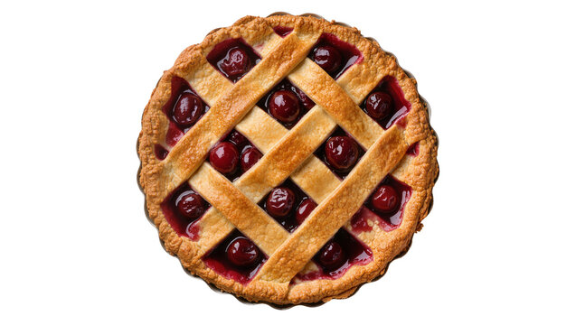 Golden cherry pie with lattice crust and dark red filling