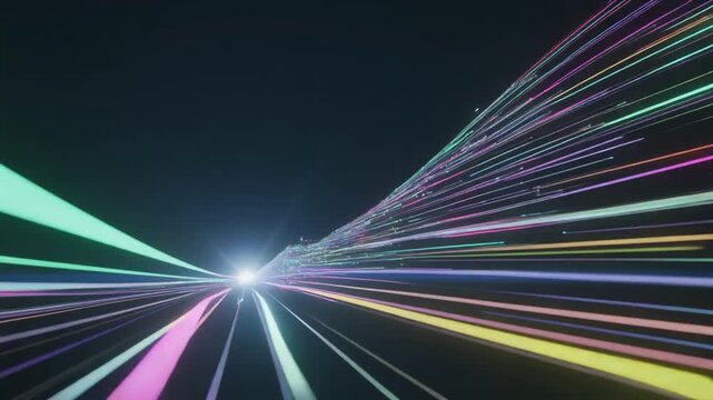 Glowing motion animation paths colorful light streaks. Speed glowing motion animation sweeps dark background voids. Creative glowing motion animation loops infinite vector lines.
